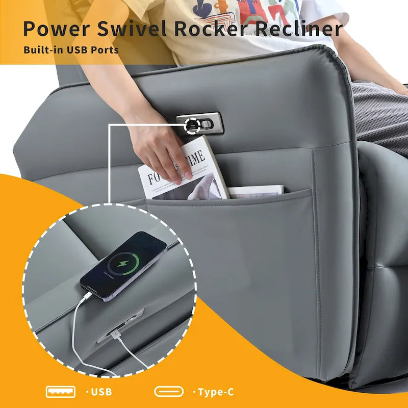Fauteuil inclinable pivotant et berçant Power 270 avec ports USB, petits fauteuils inclinables électriques en PU pour petits espaces