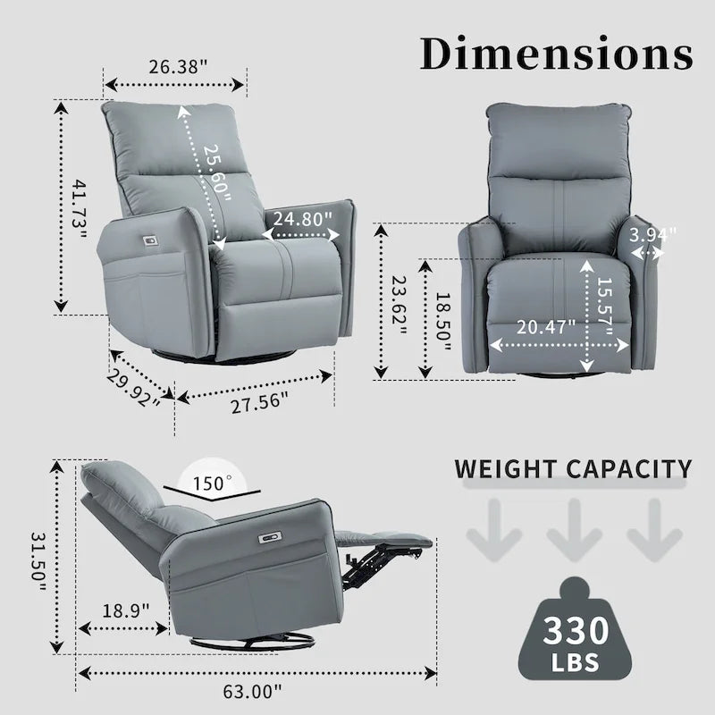 Fauteuil inclinable pivotant et berçant Power 270 avec ports USB, petits fauteuils inclinables électriques en PU pour petits espaces