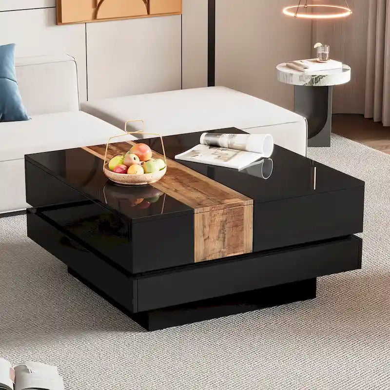 Table basse carrée avec plateau coulissant et rangement dissimulé