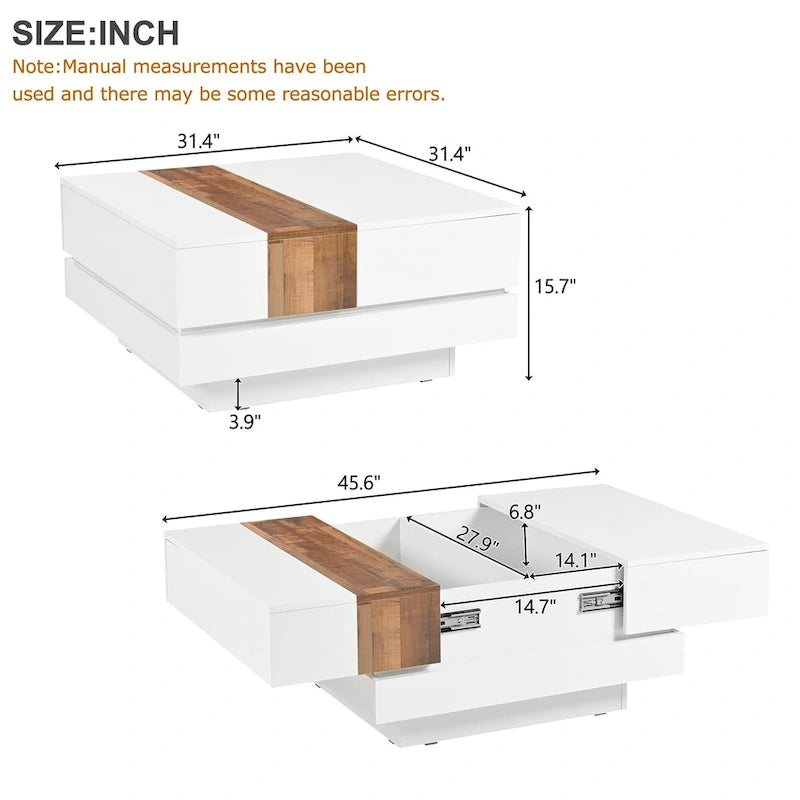 Table basse carrée avec plateau coulissant et rangement dissimulé