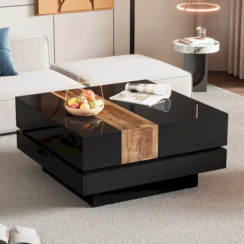 Table basse carrée avec plateau coulissant et rangement dissimulé