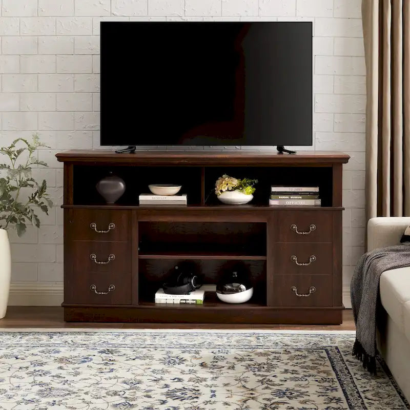 Meuble TV traditionnel de 60 po avec rangement ouvert et fermé pour téléviseurs jusqu'à 65 po