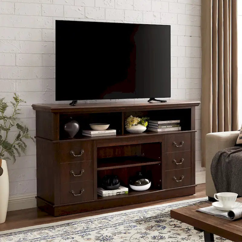 Meuble TV traditionnel de 60 po avec rangement ouvert et fermé pour téléviseurs jusqu'à 65 po