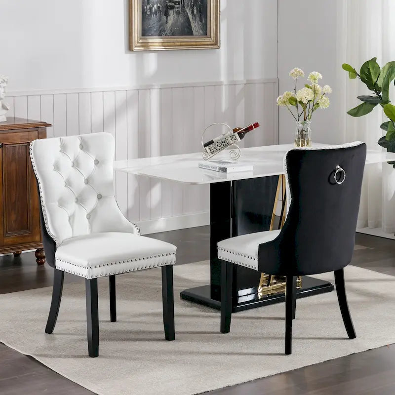 Lot de 2 chaises de salle à manger à dossier haut, chaises de cuisine en cuir PU rembourrées avec poignée arrière et pieds en bois