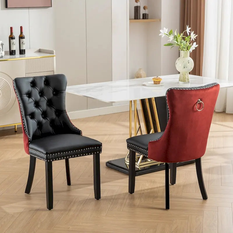 Lot de 2 chaises de salle à manger à dossier haut, chaises de cuisine en cuir PU rembourrées avec poignée arrière et pieds en bois