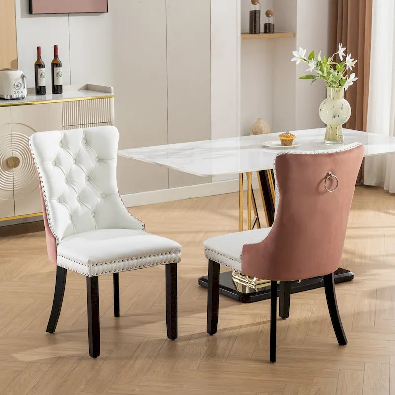 Lot de 2 chaises de salle à manger à dossier haut, chaises de cuisine en cuir PU rembourrées avec poignée arrière et pieds en bois