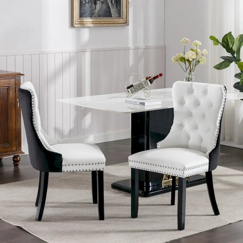 Lot de 2 chaises de salle à manger à dossier haut, chaises de cuisine en cuir PU rembourrées avec poignée arrière et pieds en bois