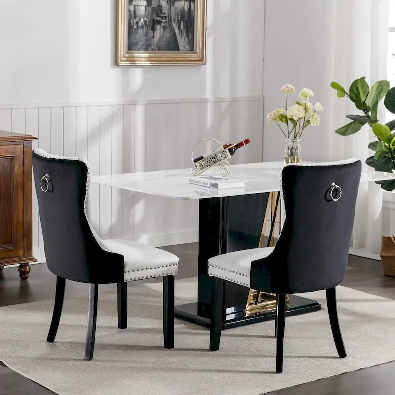 Lot de 2 chaises de salle à manger à dossier haut, chaises de cuisine en cuir PU rembourrées avec poignée arrière et pieds en bois