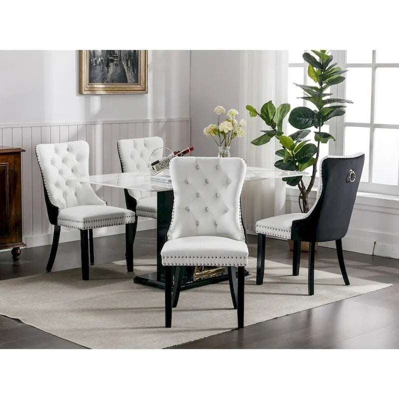 Lot de 2 chaises de salle à manger à dossier haut, chaises de cuisine en cuir PU rembourrées avec poignée arrière et pieds en bois