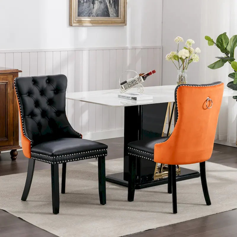 Lot de 2 chaises de salle à manger à dossier haut, chaises de cuisine en cuir PU rembourrées avec poignée arrière et pieds en bois