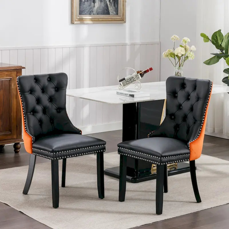 Lot de 2 chaises de salle à manger à dossier haut, chaises de cuisine en cuir PU rembourrées avec poignée arrière et pieds en bois