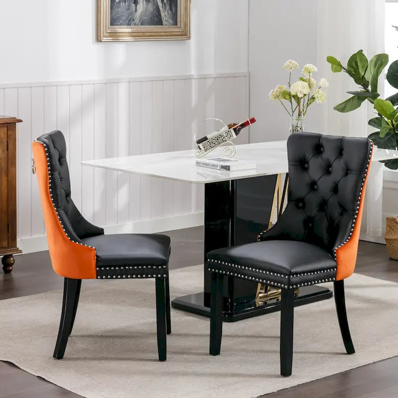 Lot de 2 chaises de salle à manger à dossier haut, chaises de cuisine en cuir PU rembourrées avec poignée arrière et pieds en bois