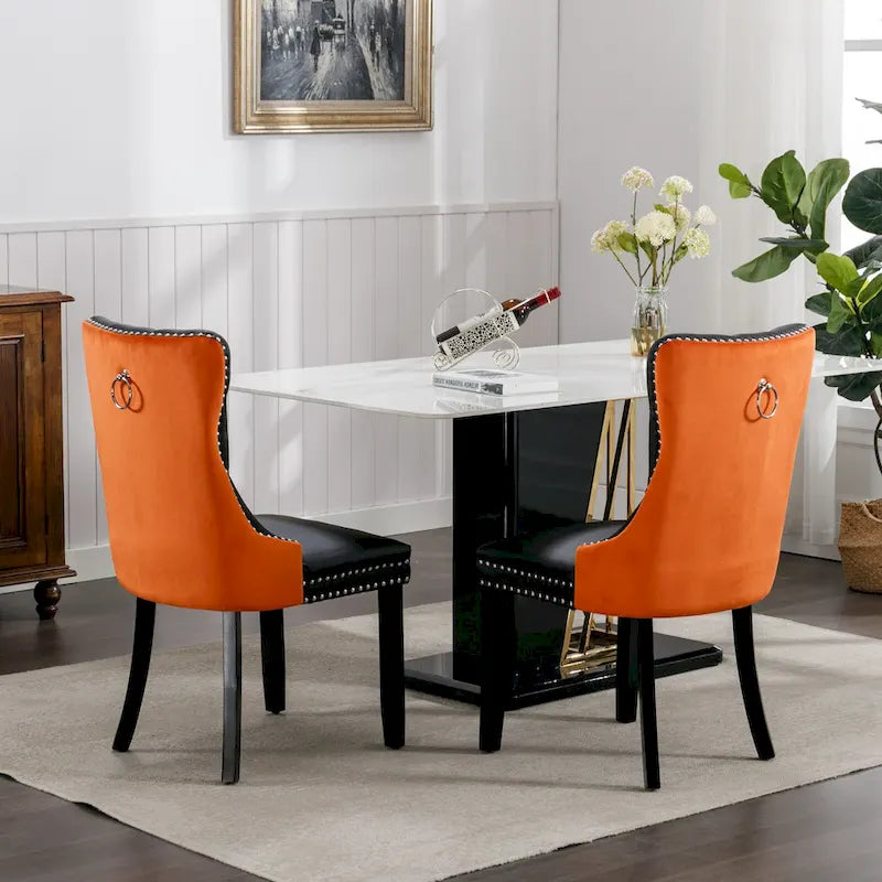 Lot de 2 chaises de salle à manger à dossier haut, chaises de cuisine en cuir PU rembourrées avec poignée arrière et pieds en bois
