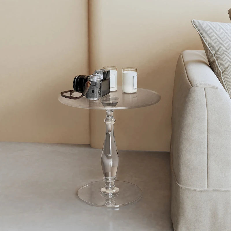 Table d'appoint ronde en acrylique transparent avec poteau central massif – 18 po de diamètre x 19 po de hauteur