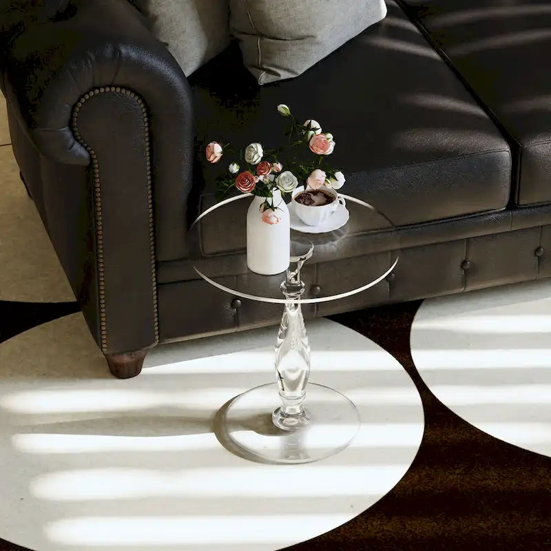 Table d'appoint ronde en acrylique transparent avec poteau central massif – 18 po de diamètre x 19 po de hauteur