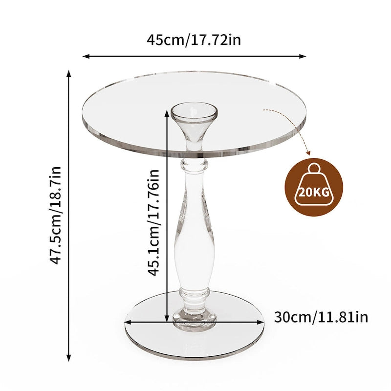 Table d'appoint ronde en acrylique transparent avec poteau central massif – 18 po de diamètre x 19 po de hauteur