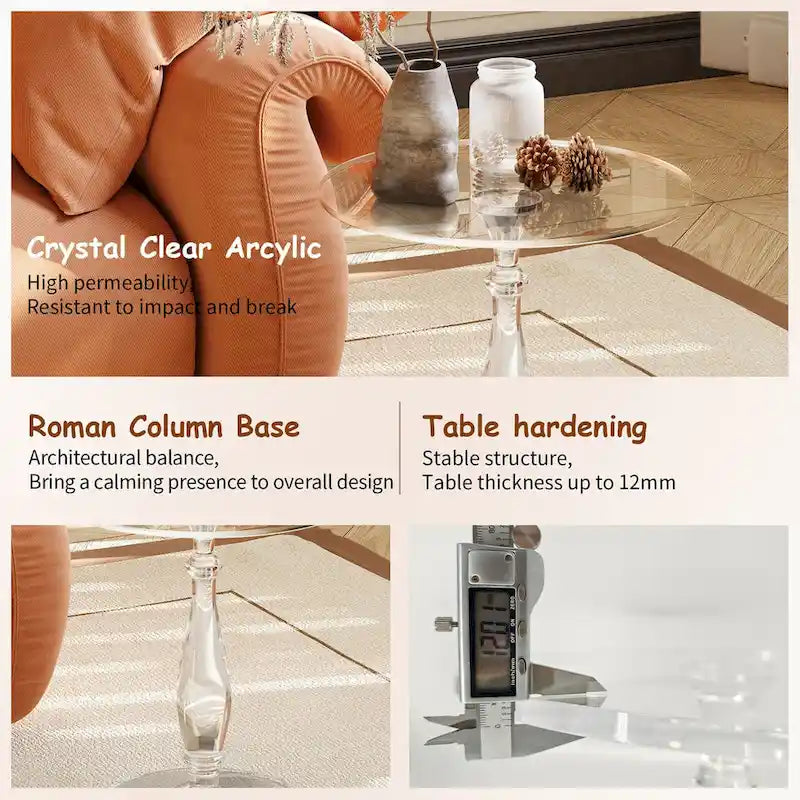 Table d'appoint ronde en acrylique transparent avec poteau central massif – 18 po de diamètre x 19 po de hauteur