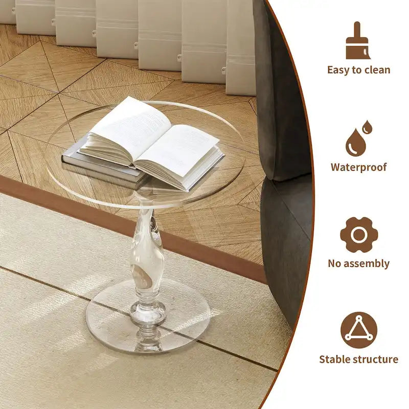 Table d'appoint ronde en acrylique transparent avec poteau central massif – 18 po de diamètre x 19 po de hauteur