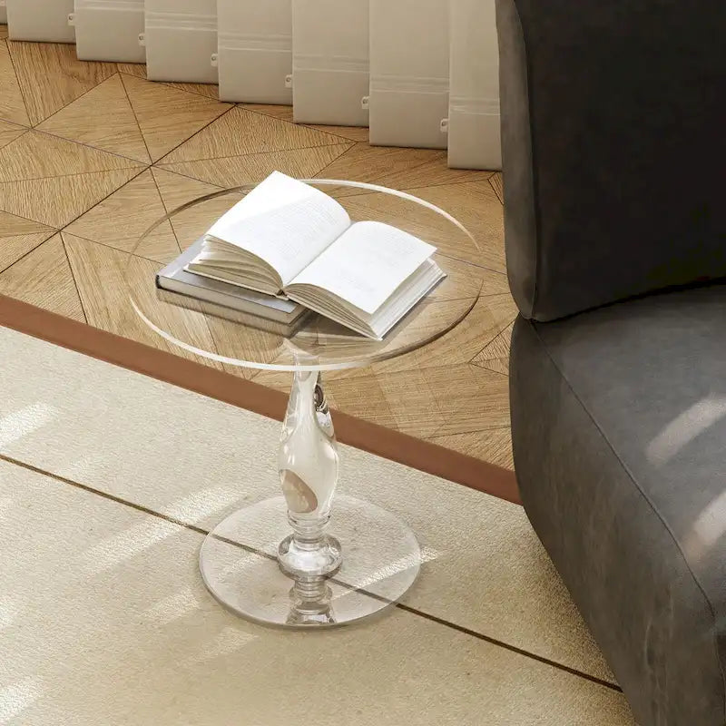 Table d'appoint ronde en acrylique transparent avec poteau central massif – 18 po de diamètre x 19 po de hauteur