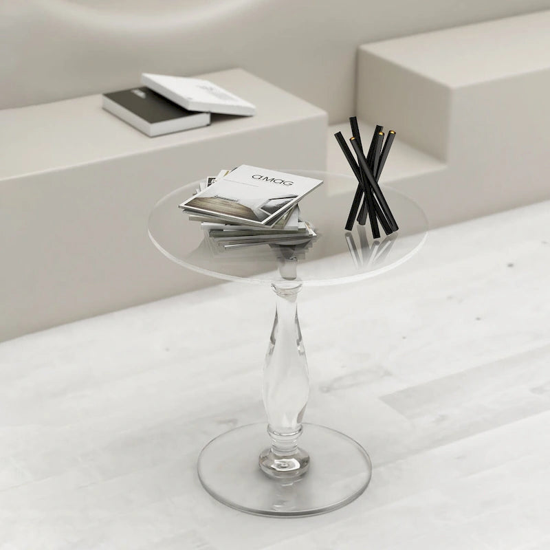 Table d'appoint ronde en acrylique transparent avec poteau central massif – 18 po de diamètre x 19 po de hauteur