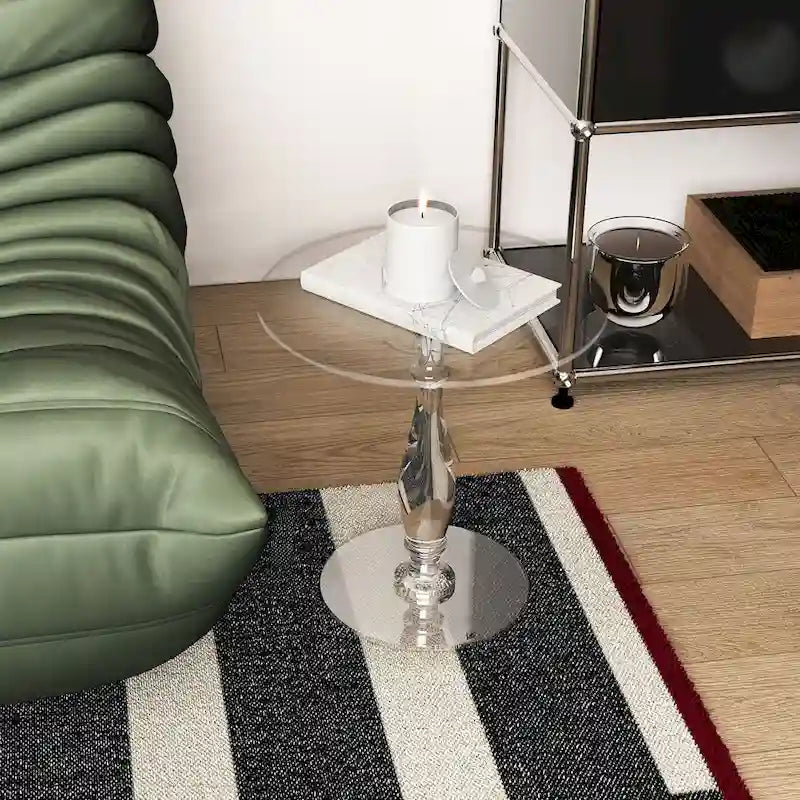 Table d'appoint ronde en acrylique transparent avec poteau central massif – 18 po de diamètre x 19 po de hauteur