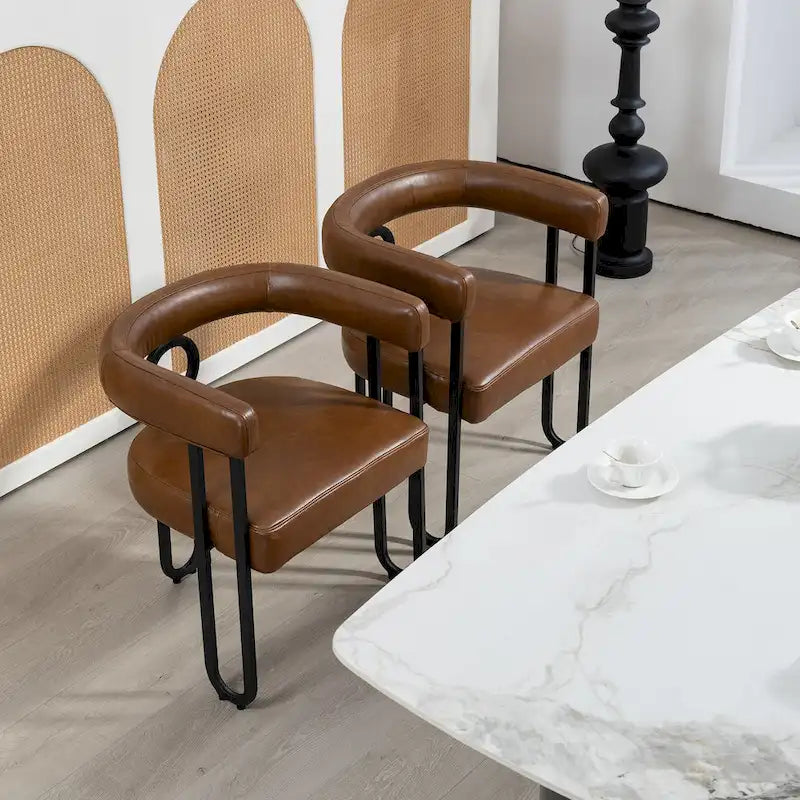 Contemporary PU Dining Chair set of 2, Barrel Chair with Matte Black Metal Legs and Round Thickened Cushion