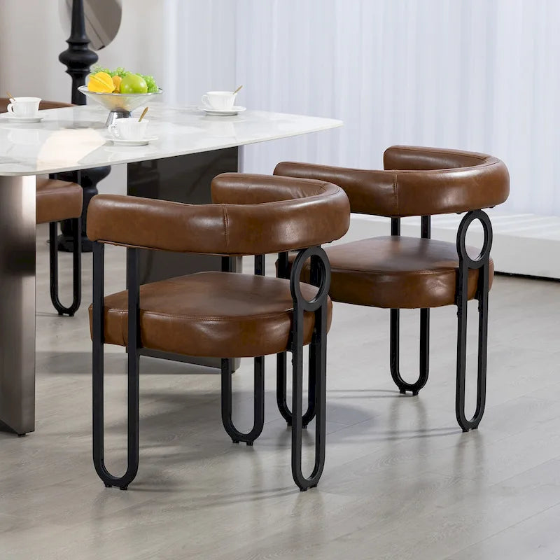 Lot de 2 chaises de salle à manger contemporaines en PU, chaise tonneau avec pieds en métal noir mat et coussin rond épaissi