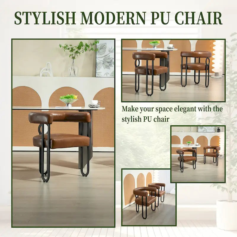 Lot de 2 chaises de salle à manger contemporaines en PU, chaise tonneau avec pieds en métal noir mat et coussin rond épaissi