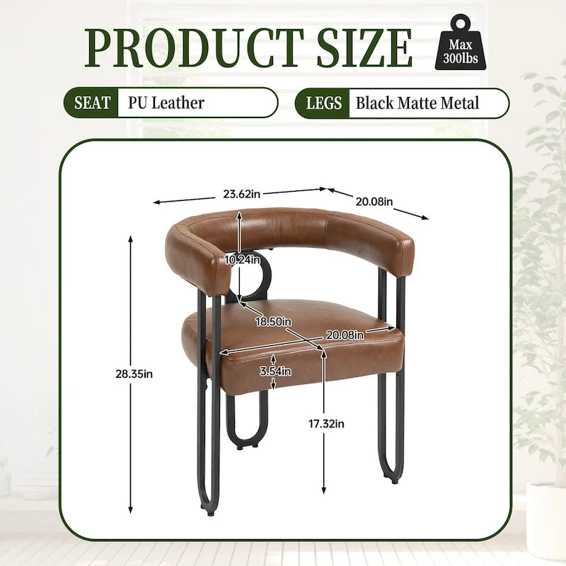 Lot de 2 chaises de salle à manger contemporaines en PU, chaise tonneau avec pieds en métal noir mat et coussin rond épaissi