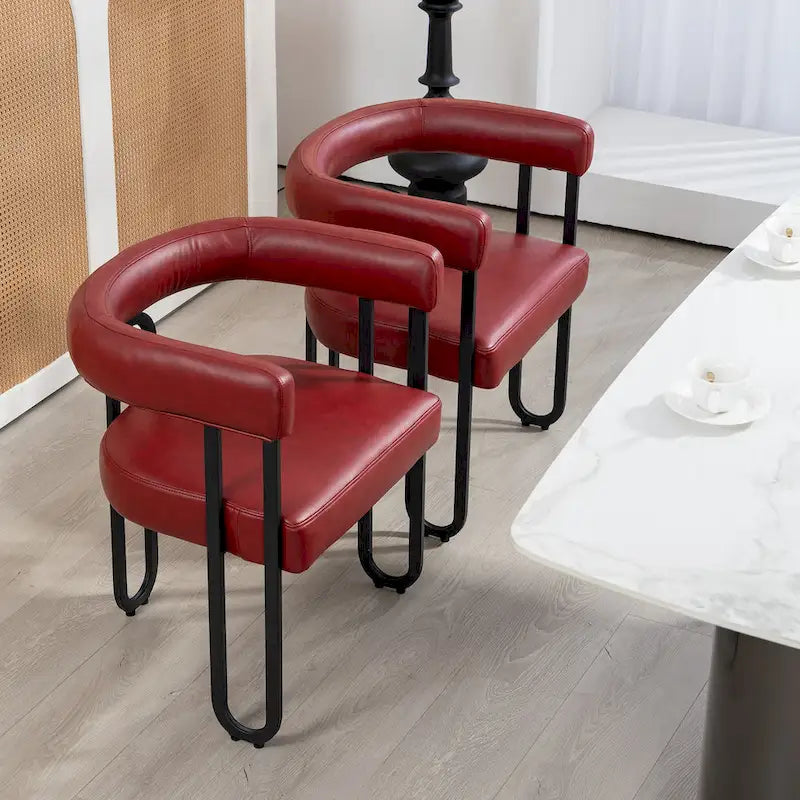 Lot de 2 chaises de salle à manger contemporaines en PU, chaise tonneau avec pieds en métal noir mat et coussin rond épaissi