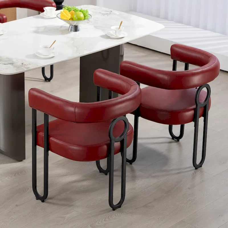 Lot de 2 chaises de salle à manger contemporaines en PU, chaise tonneau avec pieds en métal noir mat et coussin rond épaissi