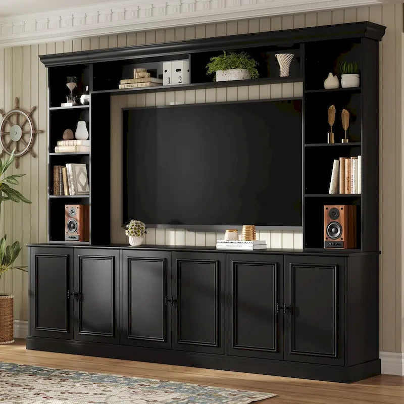 Meuble TV Mid-Century de 97,4 W avec étagères, étagère réglable et pont - Centre de divertissement pour téléviseurs jusqu'à 70