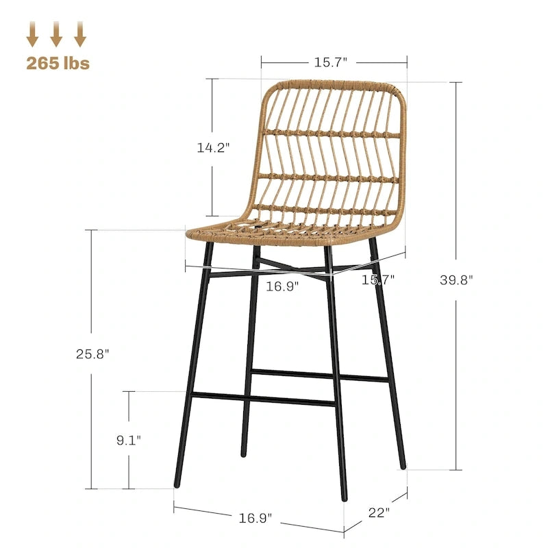 Lot de 2 tabourets de bar en rotin hauteur comptoir, tabourets de bar en osier de 66 cm avec dossier, chaises de bar modernes pour îlot de cuisine, noir