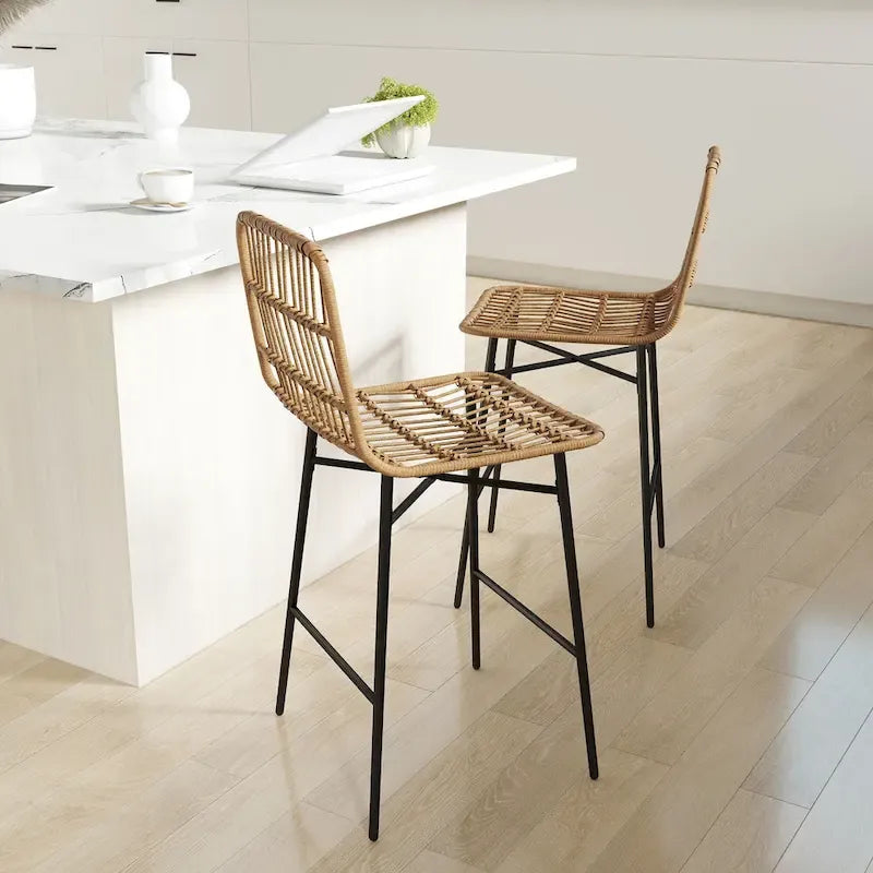Lot de 2 tabourets de bar en rotin hauteur comptoir, tabourets de bar en osier de 66 cm avec dossier, chaises de bar modernes pour îlot de cuisine, noir