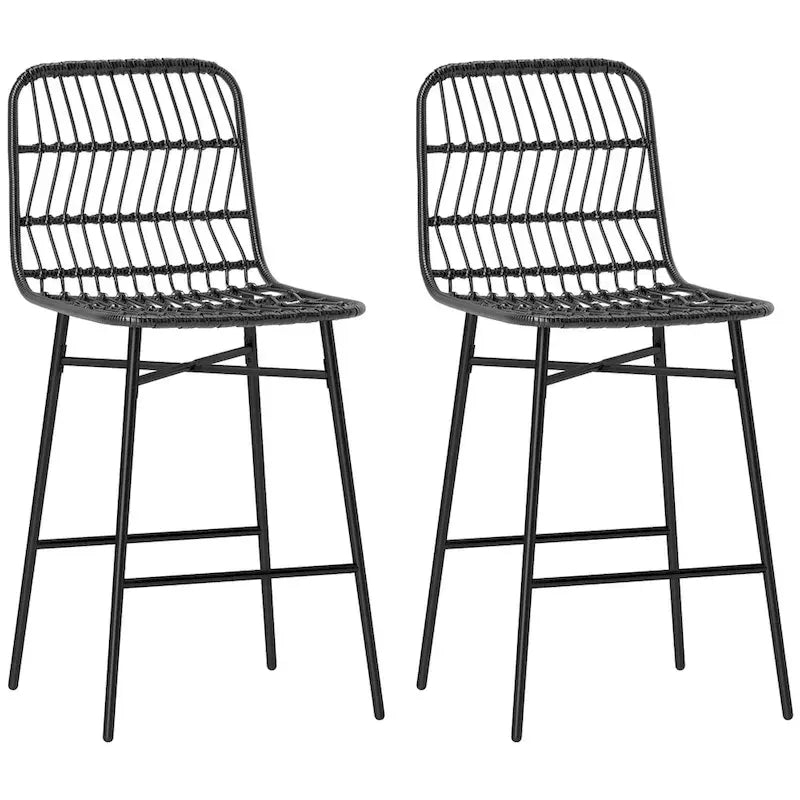 Lot de 2 tabourets de bar en rotin hauteur comptoir, tabourets de bar en osier de 66 cm avec dossier, chaises de bar modernes pour îlot de cuisine, noir