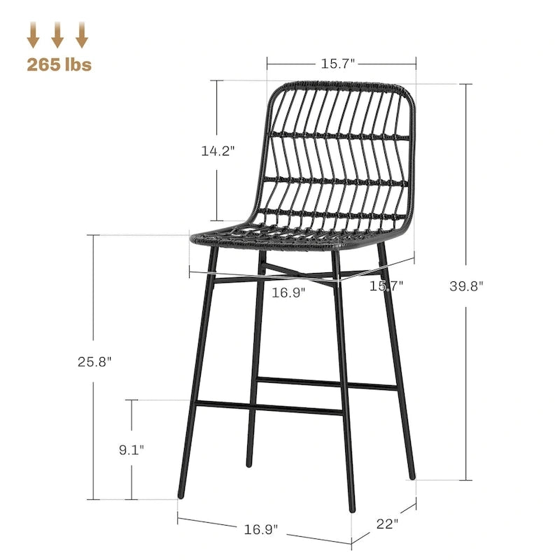 Lot de 2 tabourets de bar en rotin hauteur comptoir, tabourets de bar en osier de 66 cm avec dossier, chaises de bar modernes pour îlot de cuisine, noir