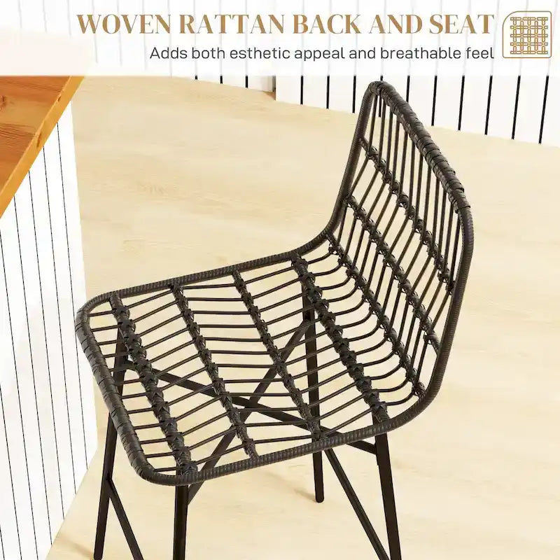 Lot de 2 tabourets de bar en rotin hauteur comptoir, tabourets de bar en osier de 66 cm avec dossier, chaises de bar modernes pour îlot de cuisine, noir