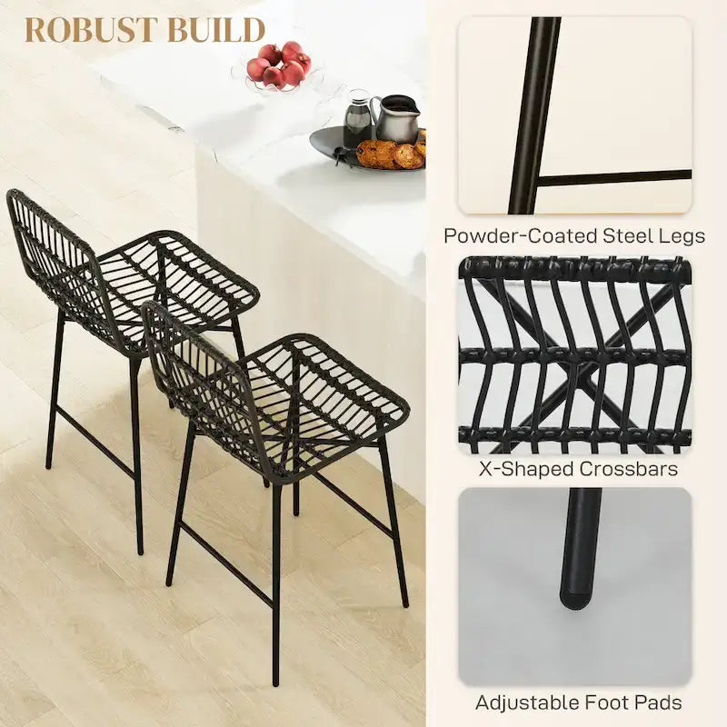 Lot de 2 tabourets de bar en rotin hauteur comptoir, tabourets de bar en osier de 66 cm avec dossier, chaises de bar modernes pour îlot de cuisine, noir