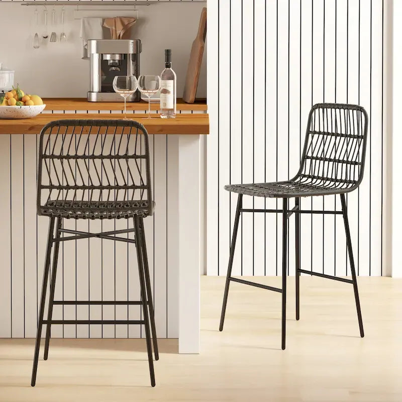 Lot de 2 tabourets de bar en rotin hauteur comptoir, tabourets de bar en osier de 66 cm avec dossier, chaises de bar modernes pour îlot de cuisine, noir