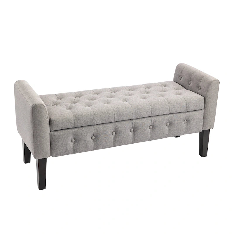 Banc de rangement ottoman en tissu avec couvercle rabattable et pieds en bois d'hévéa