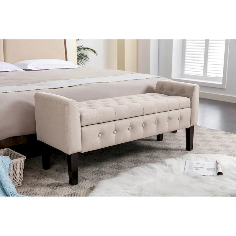 Banc de rangement ottoman en tissu avec couvercle rabattable et pieds en bois d'hévéa