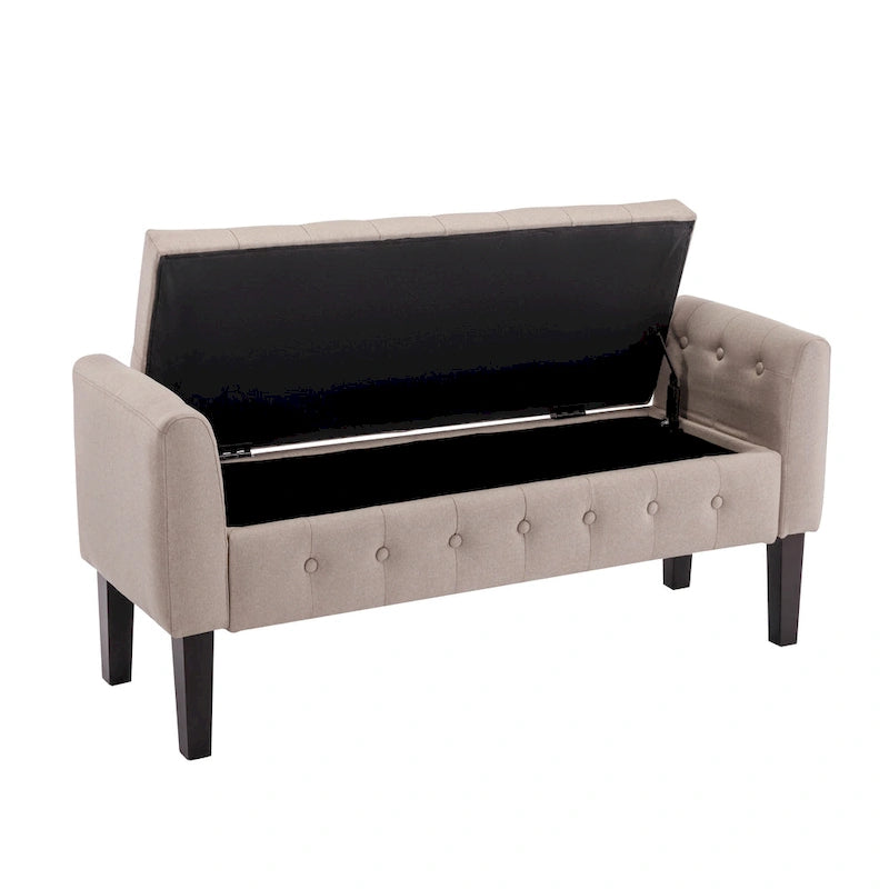 Banc de rangement ottoman en tissu avec couvercle rabattable et pieds en bois d'hévéa