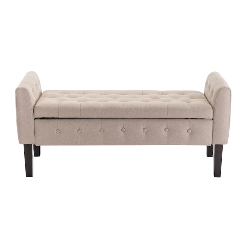 Banc de rangement ottoman en tissu avec couvercle rabattable et pieds en bois d'hévéa