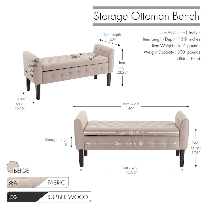 Banc de rangement ottoman en tissu avec couvercle rabattable et pieds en bois d'hévéa