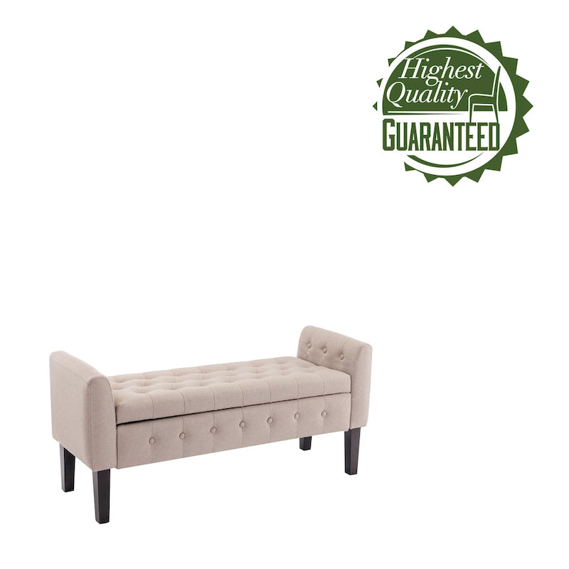Banc de rangement ottoman en tissu avec couvercle rabattable et pieds en bois d'hévéa