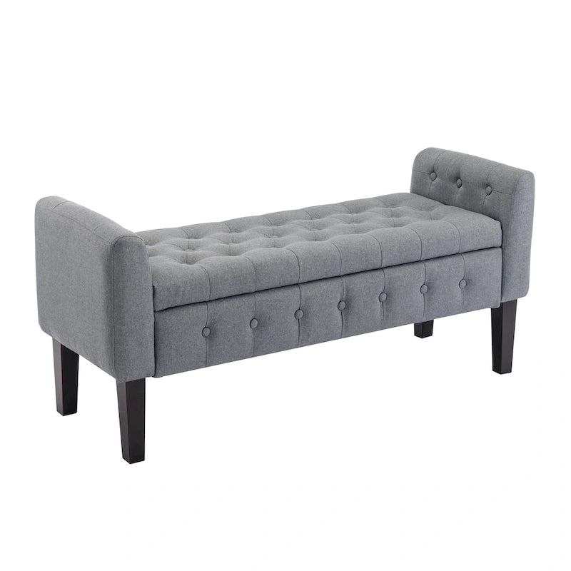 Banc de rangement ottoman en tissu avec couvercle rabattable et pieds en bois d'hévéa