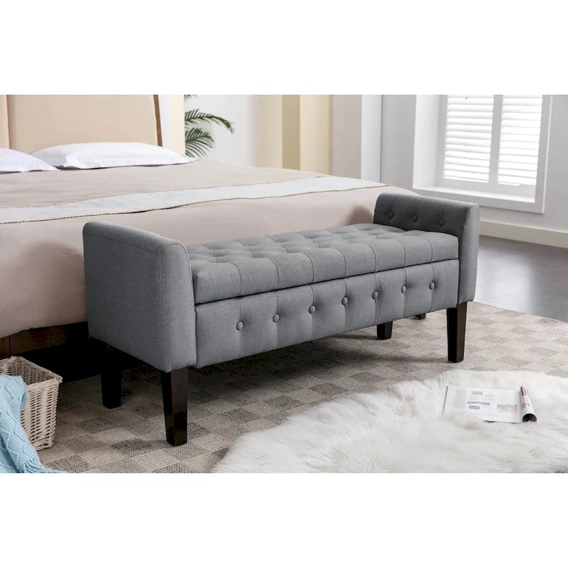 Banc de rangement ottoman en tissu avec couvercle rabattable et pieds en bois d'hévéa