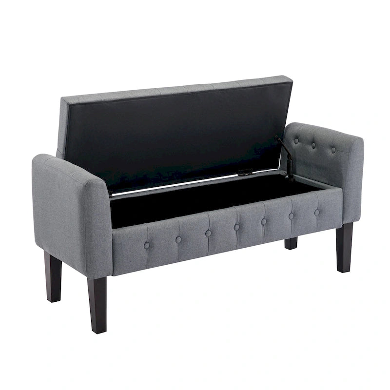 Banc de rangement ottoman en tissu avec couvercle rabattable et pieds en bois d'hévéa