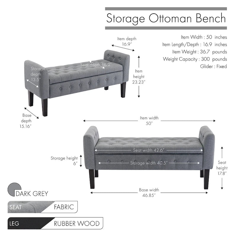 Banc de rangement ottoman en tissu avec couvercle rabattable et pieds en bois d'hévéa