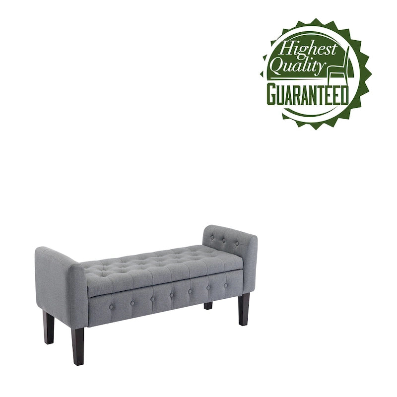 Banc de rangement ottoman en tissu avec couvercle rabattable et pieds en bois d'hévéa